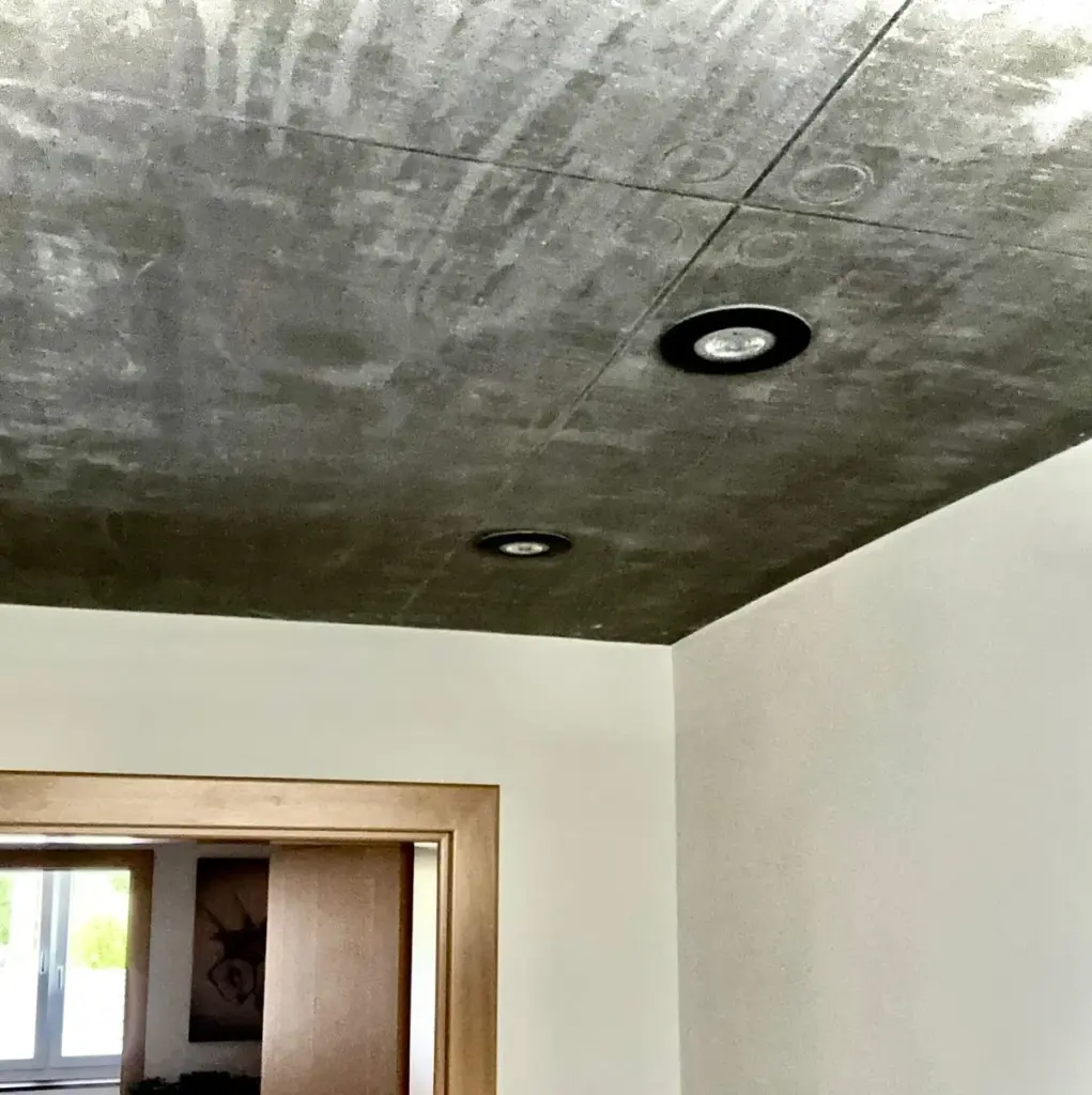 Detail einer Decke in Betonoptik mit Einbaustrahlern