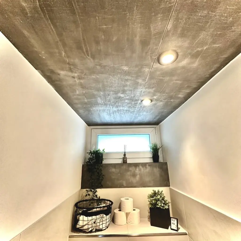 Gäste-WC mit Decke in Betonoptik und Einbaustrahlern
